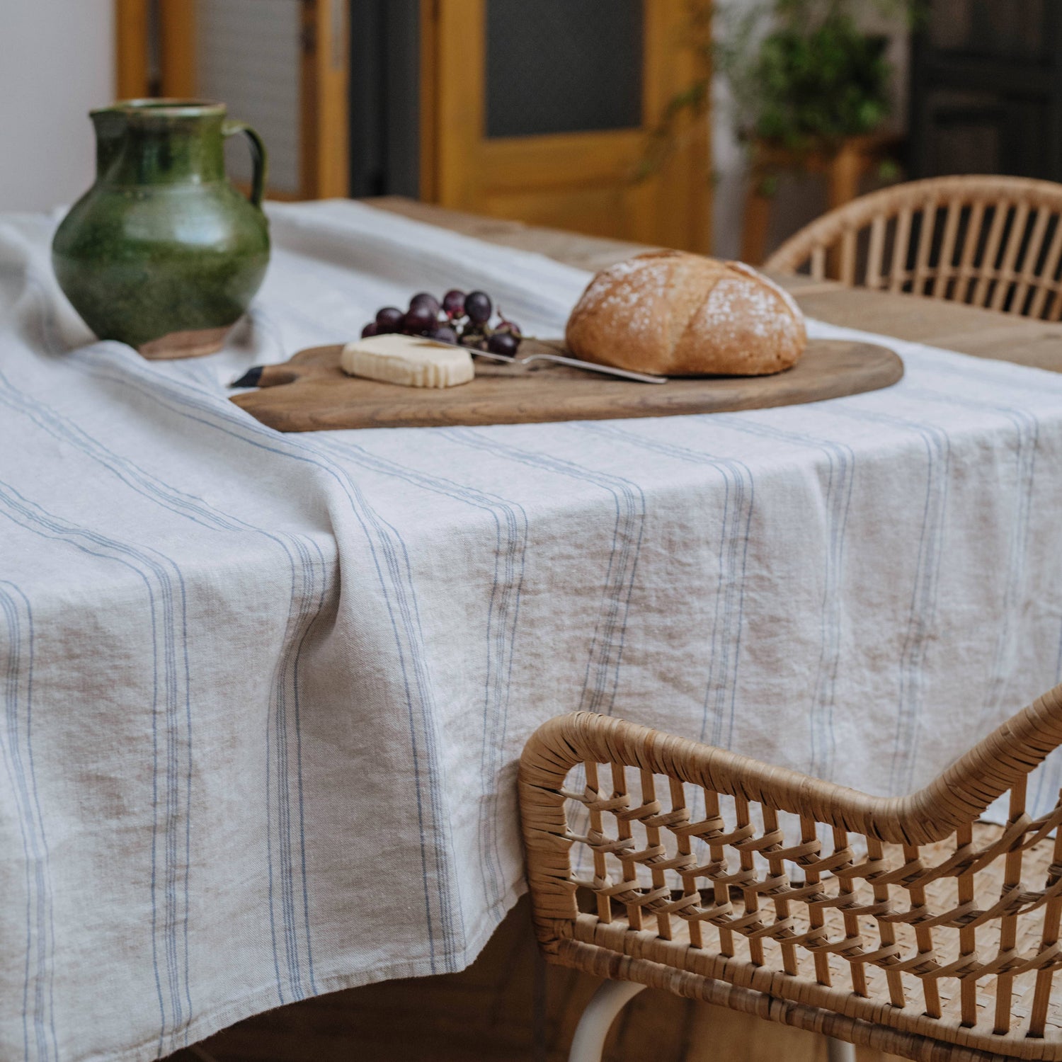 Grey Blue Wide Stripe Rustic Linen Tablecloth