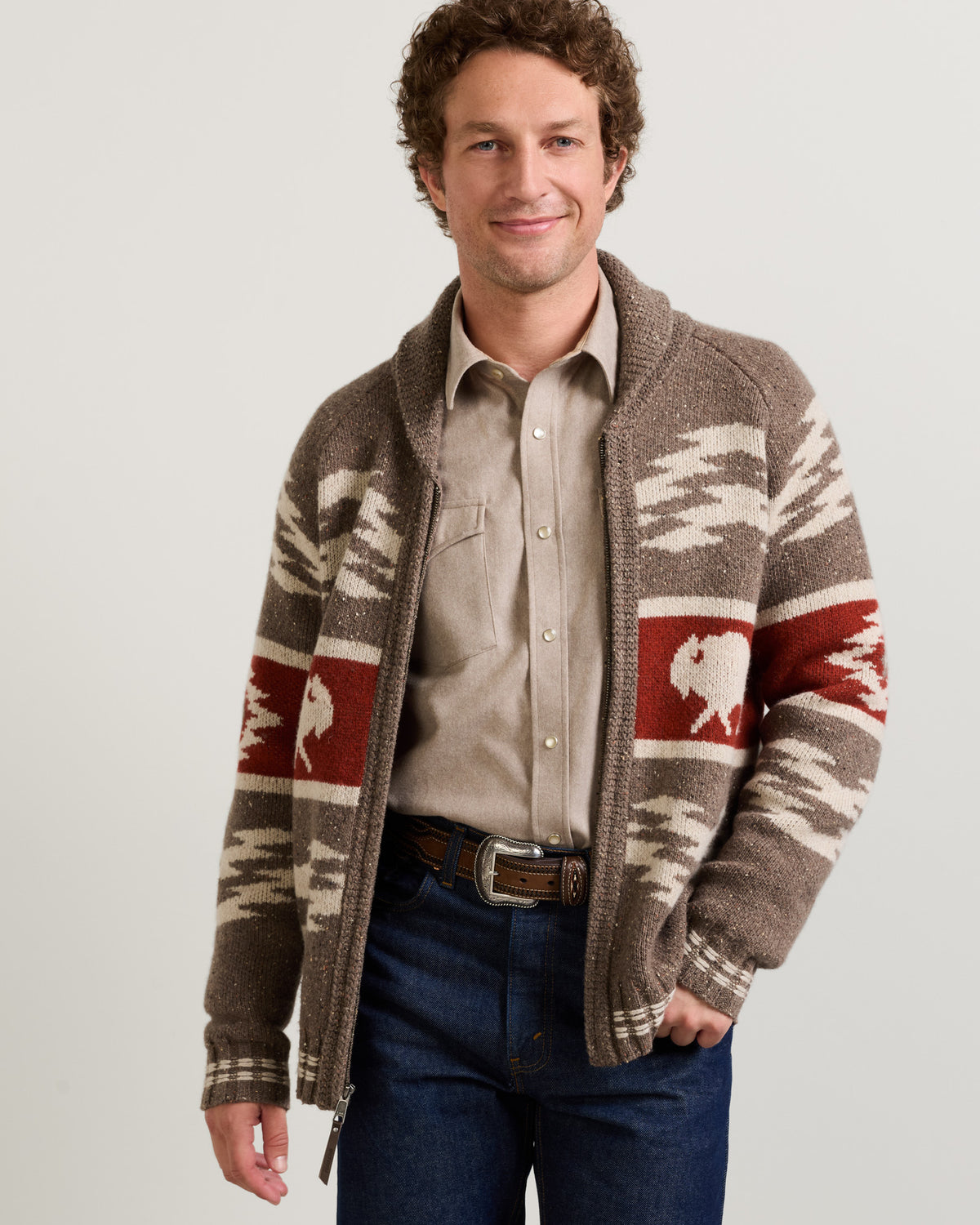Pendleton Mens Bison Lambswool Zip Cardigan brown donegal lambswool knit with Crown Point bison pattern western clothing Utah SKU RF1564