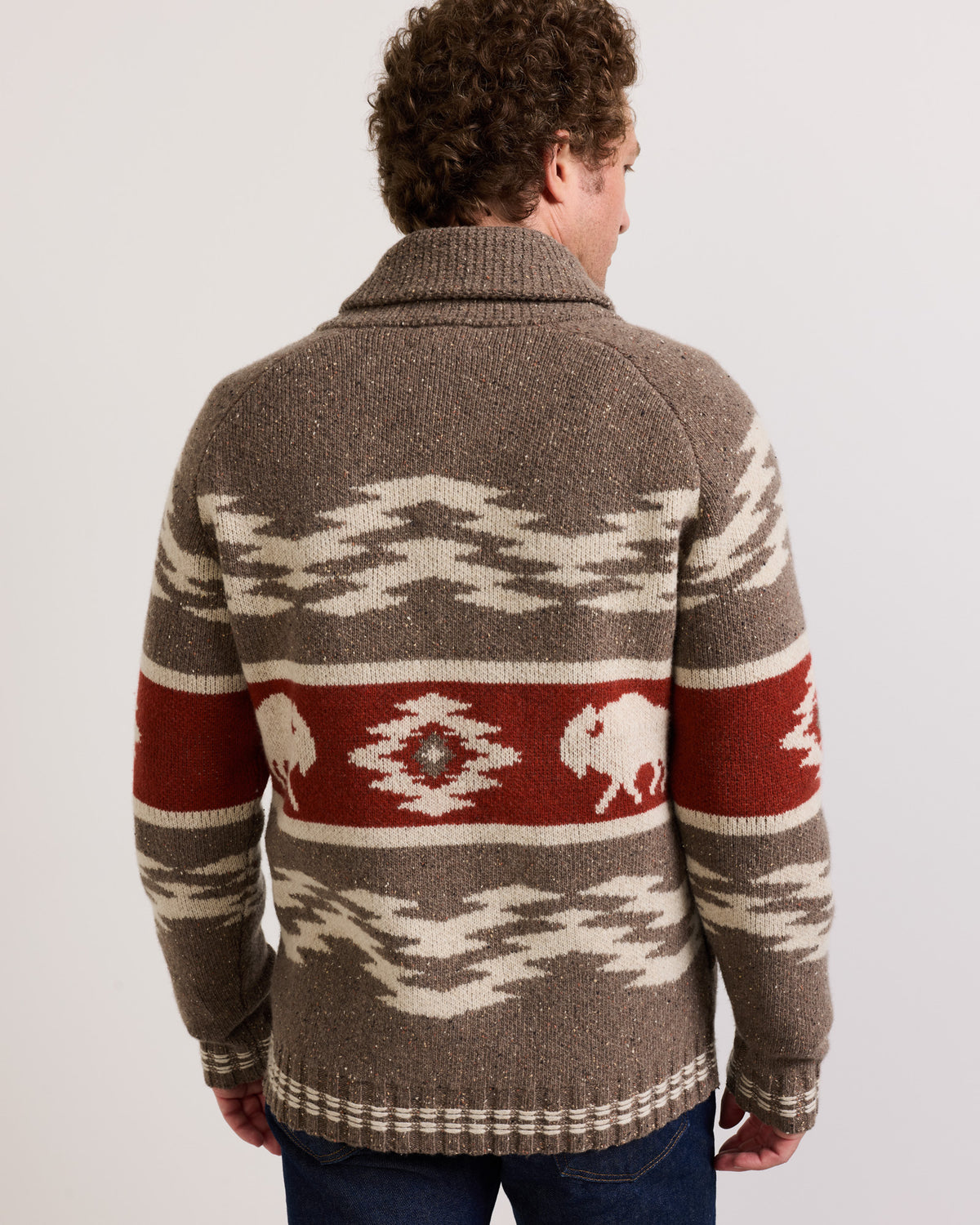 Pendleton Mens Bison Lambswool Zip Cardigan shawl collar and full zip front with a sharp relaxed silhouette cowboy style