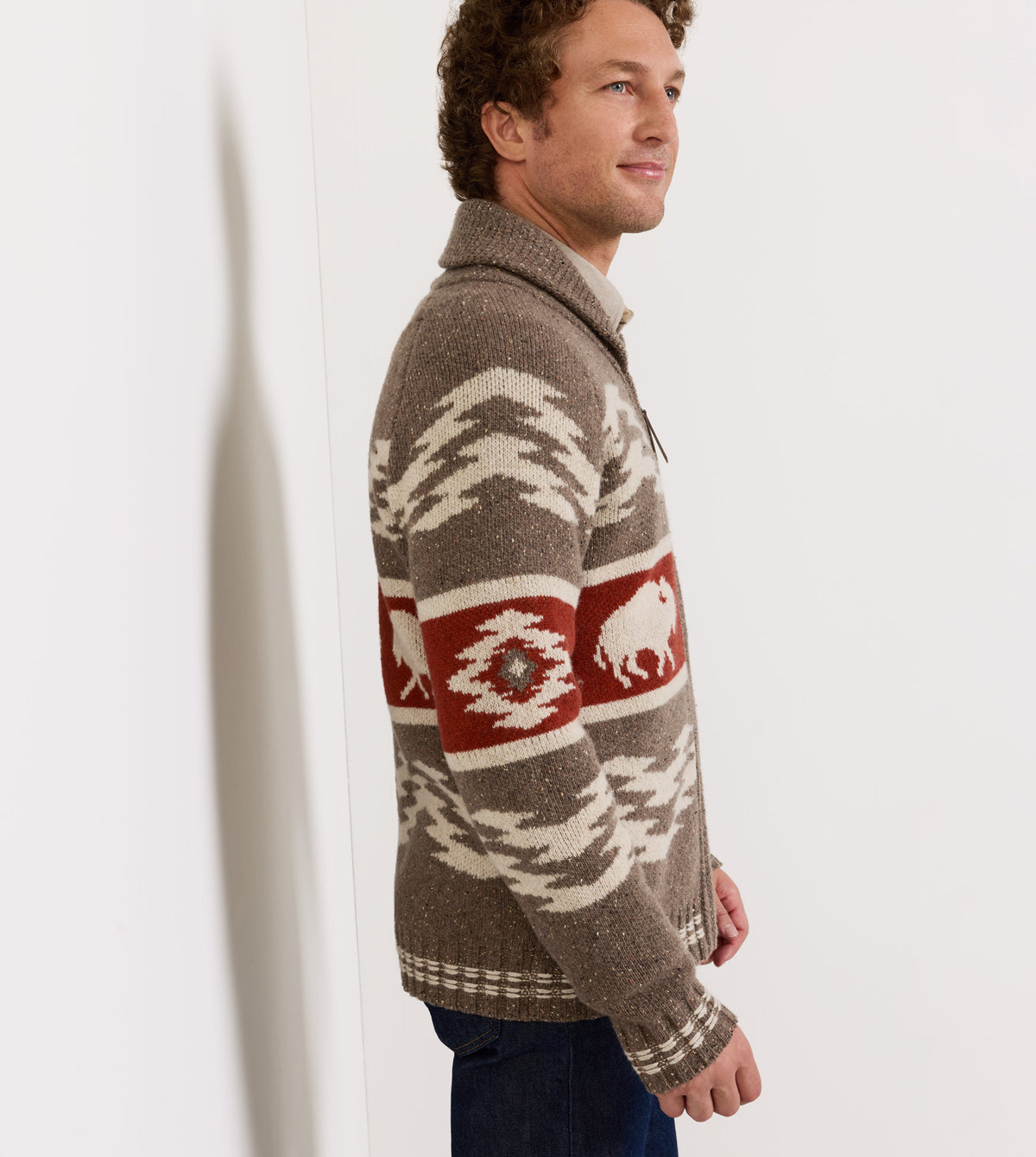 Pendleton Mens Bison Lambswool Zip Cardigan iconic bison motif knit into the Crown Point design western fashion