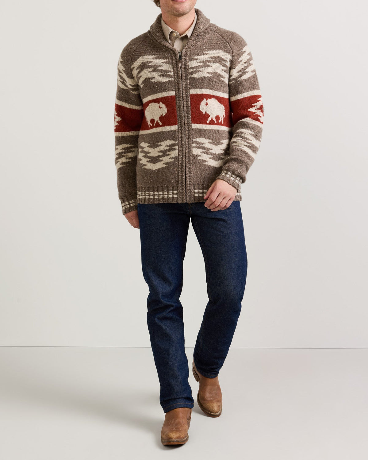 Pendleton Mens Bison Lambswool Zip Cardigan worn open or zipped as a finishing layer for cold mornings in Park City and Kamas
