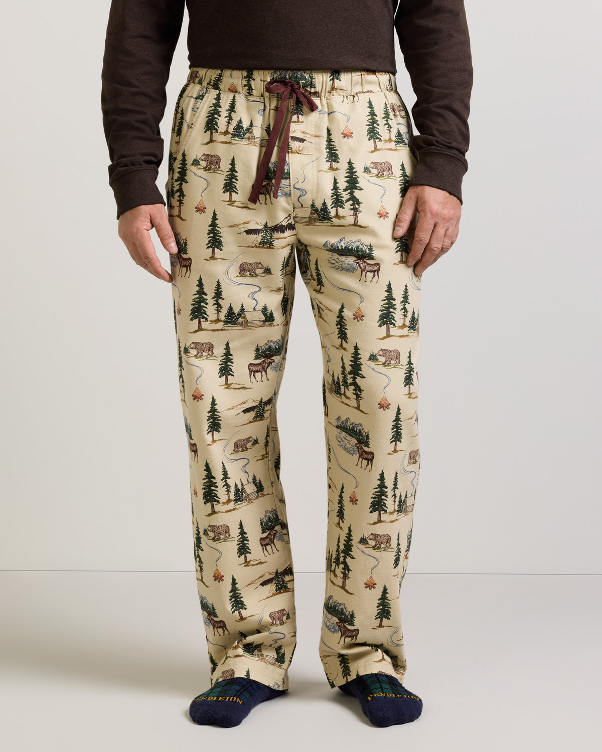Pendleton Mens Camp Print Flannel Pajama Pants Camping Tan tan brushed cotton flannel with pine tree and cabin print western boutique Utah SKU AP140979827