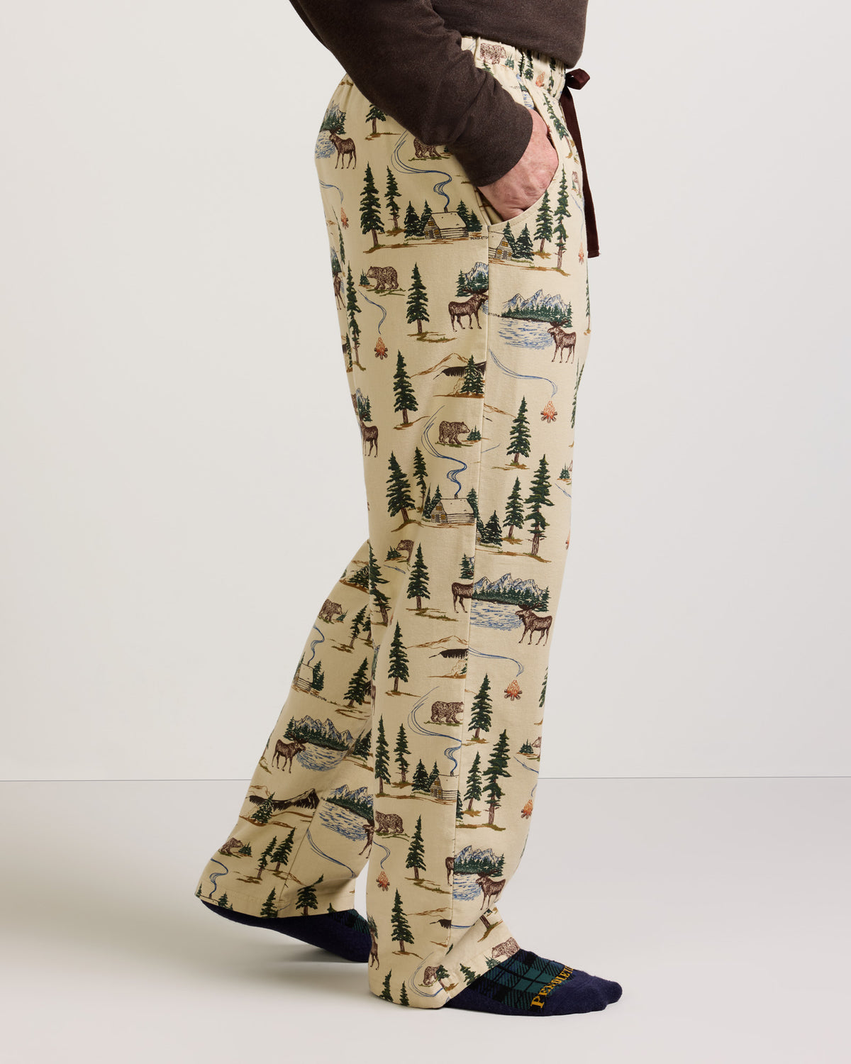 Pendleton Mens Camp Print Flannel Pajama Pants Camping Tan full length relaxed fit with a roomy leg cowboy loungewear