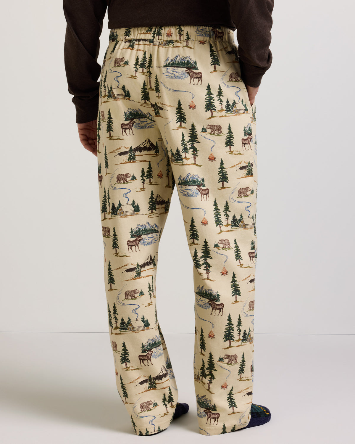 Pendleton Mens Camp Print Flannel Pajama Pants Camping Tan cabin inspired pattern with evergreens wildlife and lakes Park City