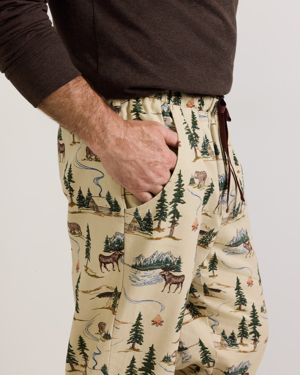 Pendleton Mens Camp Print Flannel Pajama Pants Camping Tan drawstring waist button fly and side pockets for easy lounging Utah
