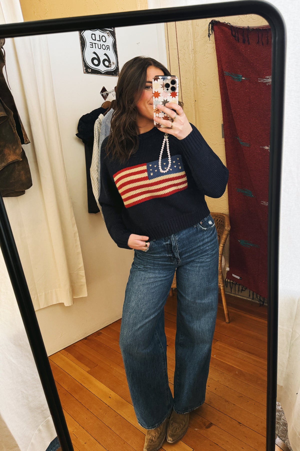 Vintage Flag Sweater in Navy womens america USA american crewneck sweater navy blue popular Boltranchstore.com 