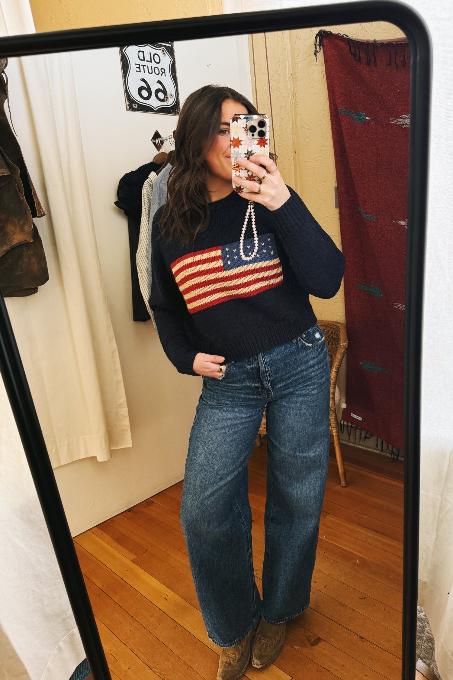 Vintage Flag Sweater in Navy womens america USA american crewneck sweater navy blue popular Boltranchstore.com 
