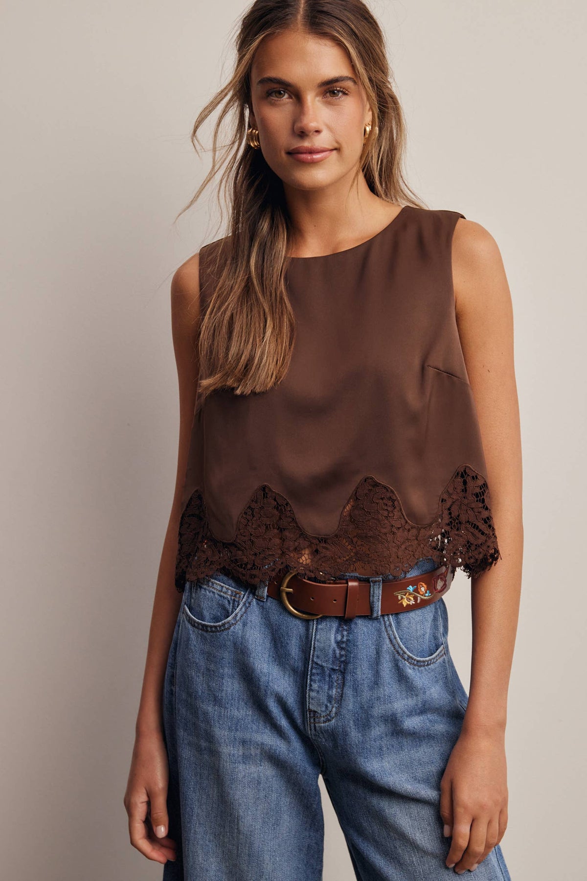 Listicle Satin Lace Hem Sleeveless Top Mocha relaxed straight cut body with a soft drape western fashion