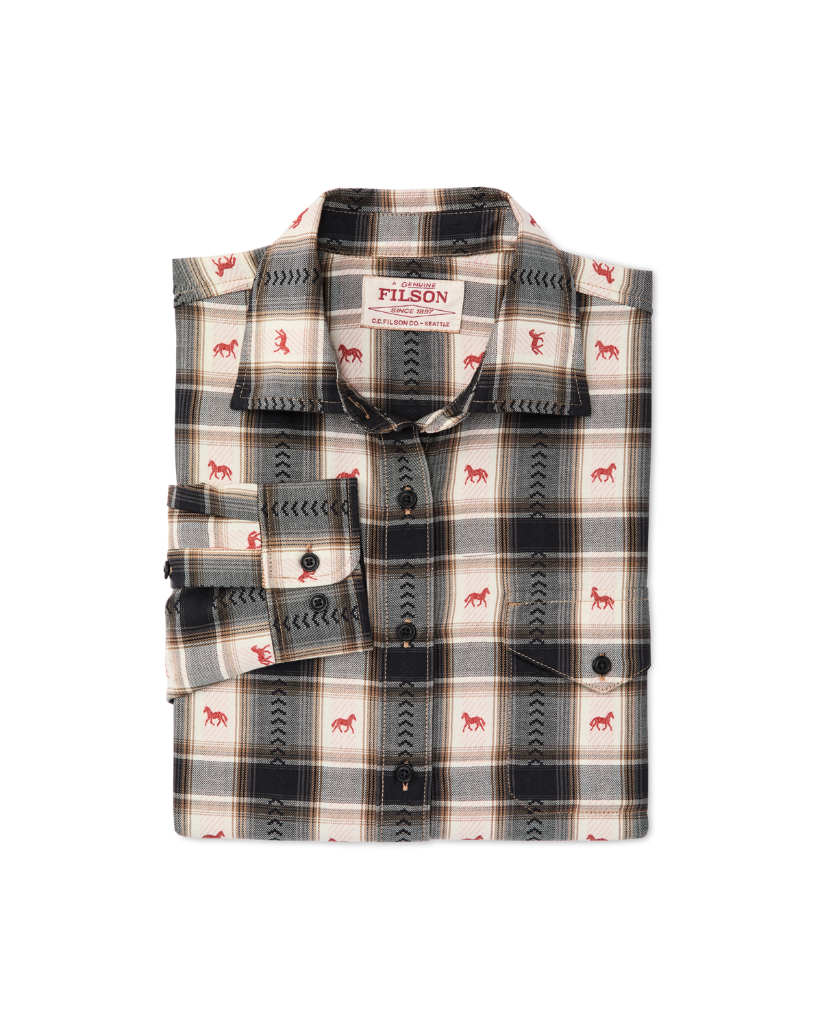 Filson Womens Ranch Shirt Cream Print light layer worn open over a tee for summer rodeo days cowgirl Utah