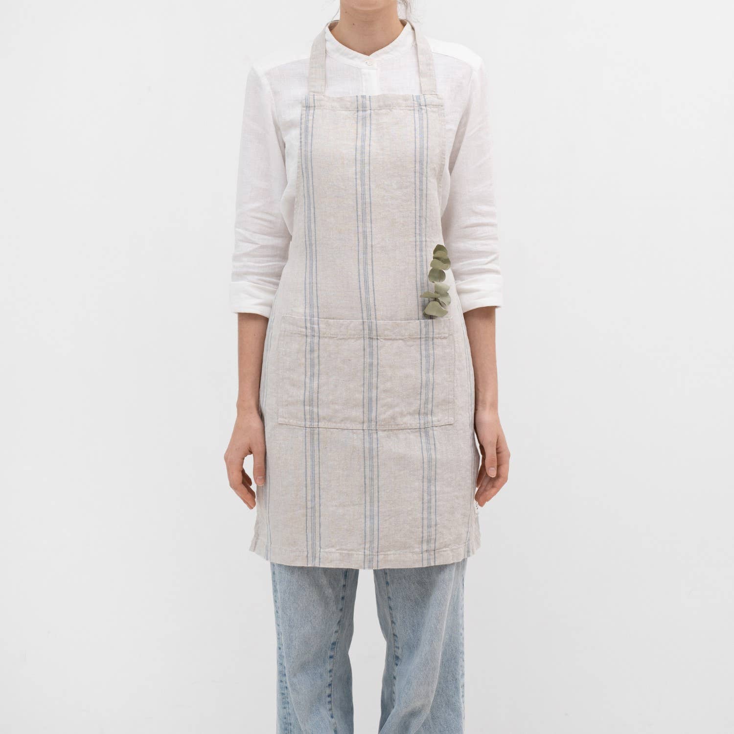 Grey Blue Wide Stripe Rustic Linen Daily Apron