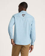 Pendleton Mens Gambler Denim Shirt Light Denim Salmon relaxed western silhouette with peaked front yokes and curved shirttail hem ranch wear