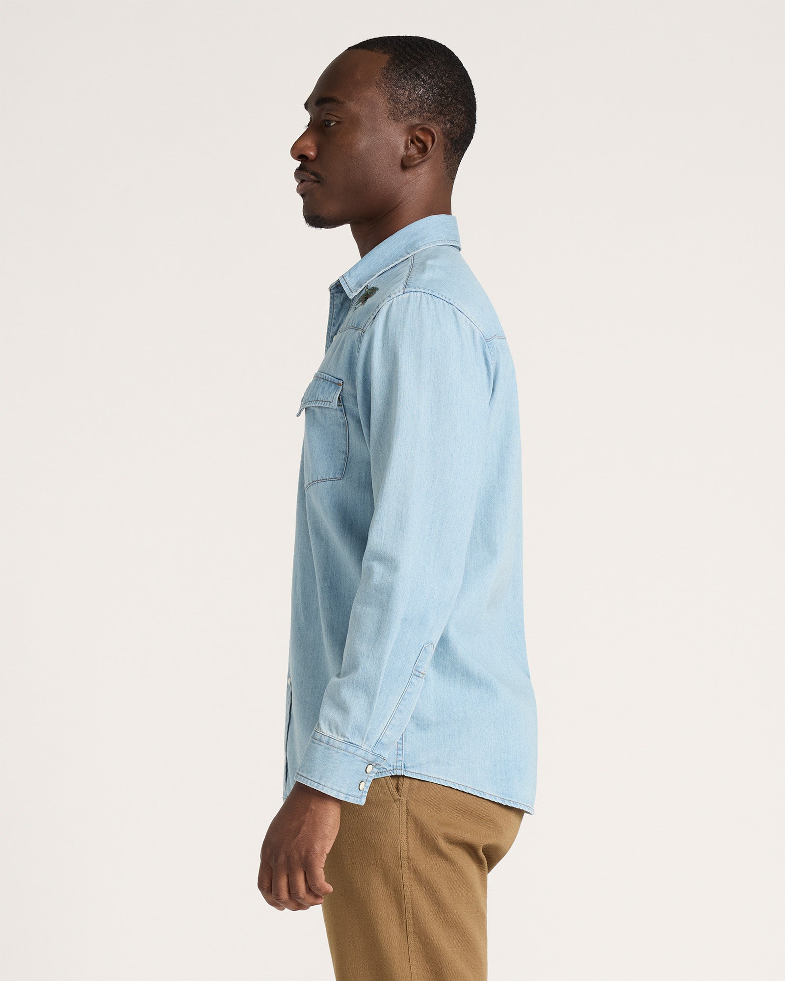 Pendleton Mens Gambler Denim Shirt Light Denim Salmon flap chest pockets with fishing bait embroidery and premium snap closures western fashion
