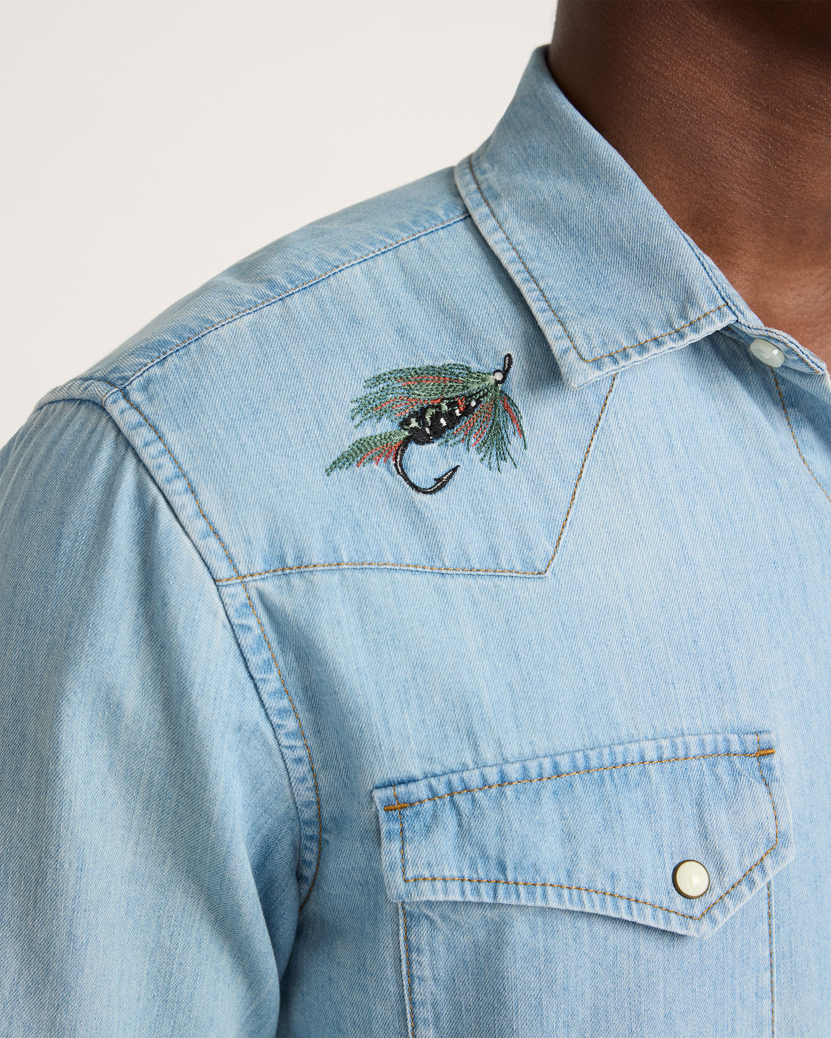 Pendleton Mens Gambler Denim Shirt Light Denim Salmon jumping salmon graphic worked across the upper back yoke rodeo