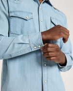 Pendleton Mens Gambler Denim Shirt Light Denim Salmon long sleeves with snap cuffs and tonal topstitching throughout cowboy