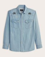 Pendleton Mens Gambler Denim Shirt Light Denim Salmon full length western cut that tucks in or wears loose over jeans Kamas