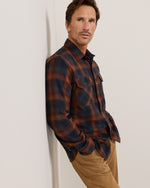 Pendleton Mens Burnside Flannel Shirt Navy Brown Plaid locker loop and twill taped placket detail on brushed flannel rodeo