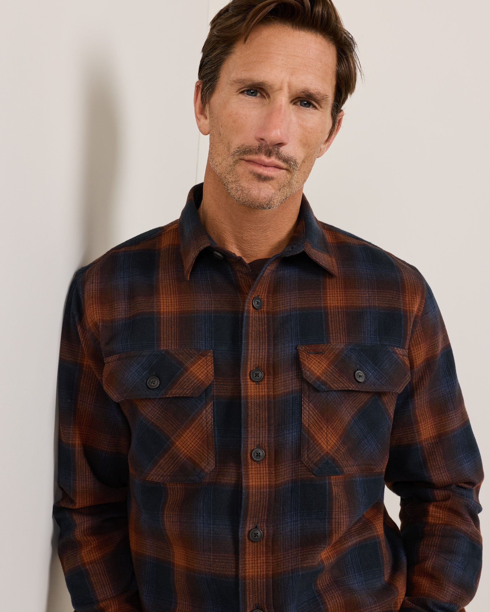 Pendleton Mens Burnside Flannel Shirt Navy Brown Plaid long sleeve flannel in a dark plaid palette for cool weather cowboy