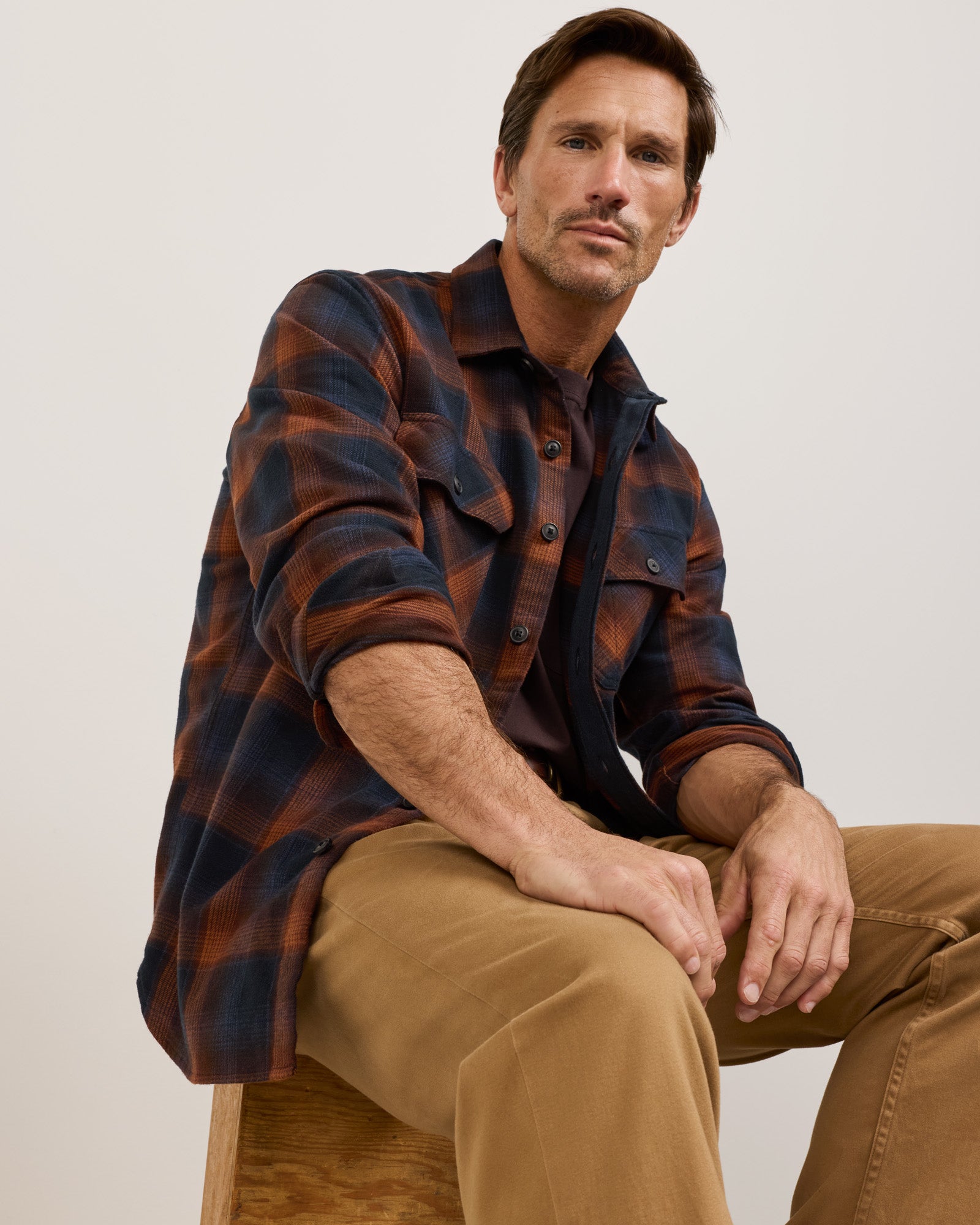 Pendleton Mens Burnside Flannel Shirt Navy Brown Plaid everyday flannel styled with denim for ranch days and evenings out Kamas