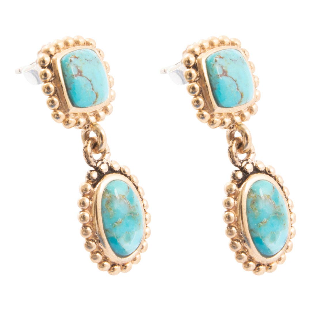 Refined Blue Turquoise Double Drop Golden Earrings
