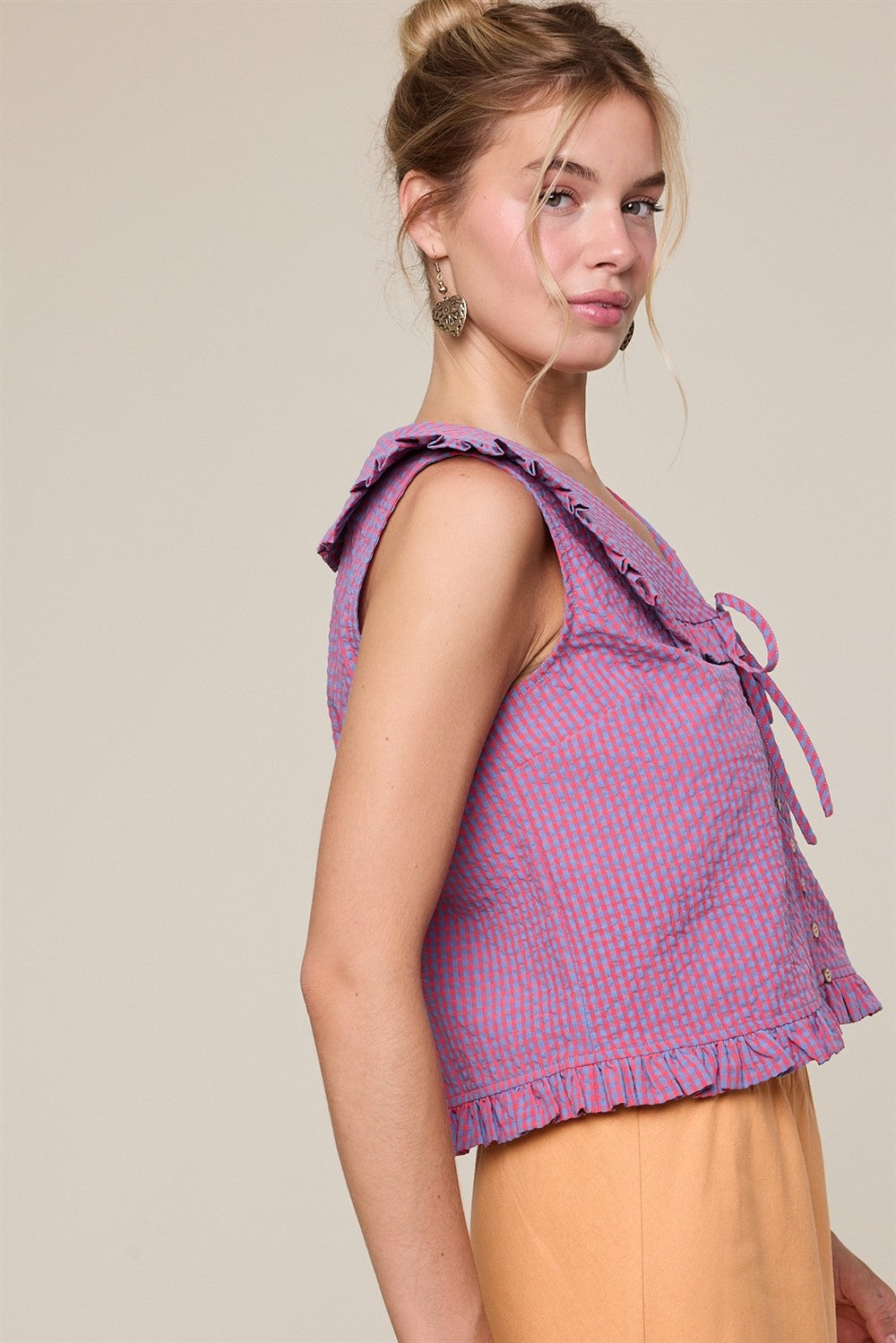 Quinn Ruffled Collar Plaid Sleeveless Top