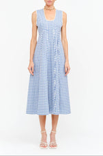 blue gingham tank top dress garment cover lace trim boltranchstore.com Bolt Ranch Store pleated scoop neck high back side zipper