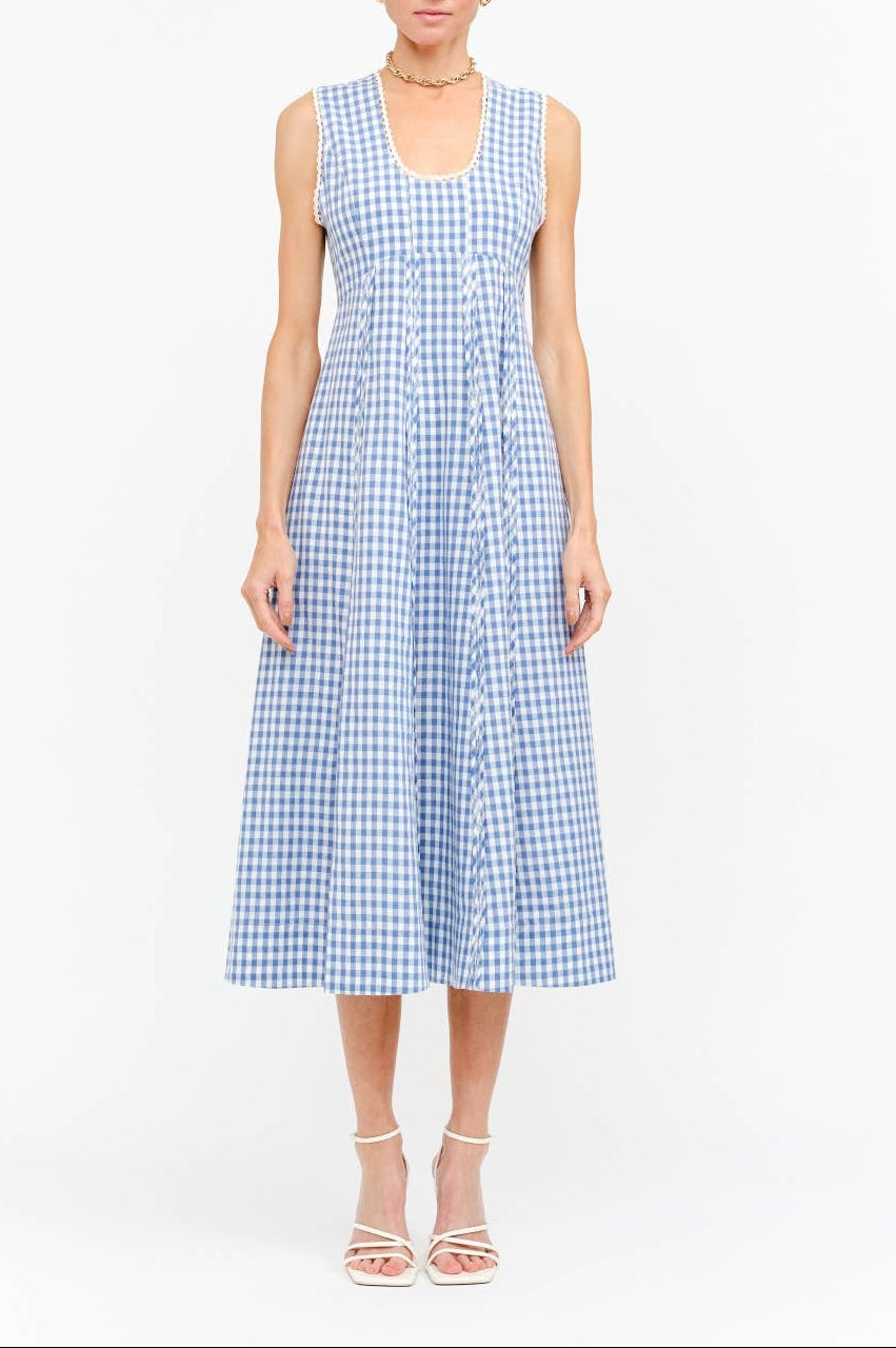 blue gingham tank top dress garment cover lace trim boltranchstore.com Bolt Ranch Store pleated scoop neck high back side zipper