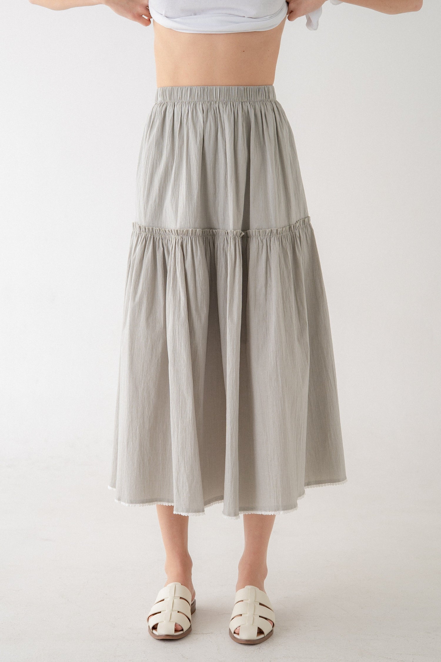 Sally Tiered Midi Skirt Elastic Waist