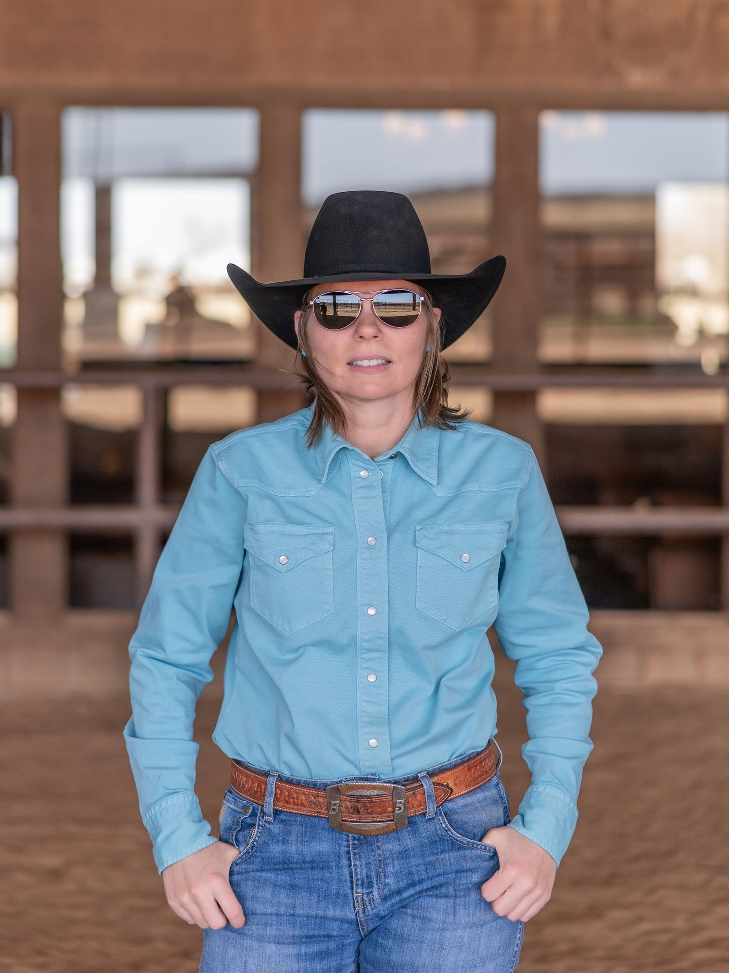 Schaefer Womens Western Denim Snap Shirt Turquoise