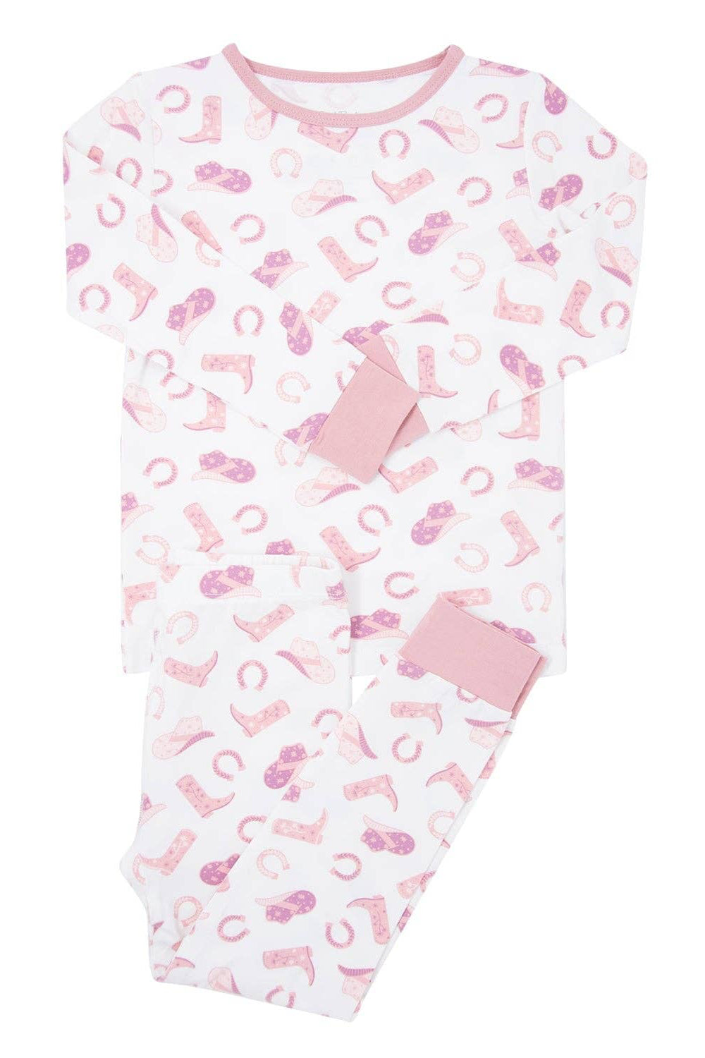 children's two piece pajama set with pink cowgirl boots cowboy boots horseshoes and cowgirl/cowboy hats boltranchstore.com