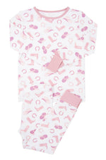 children's two piece pajama set with pink cowgirl boots cowboy boots horseshoes and cowgirl/cowboy hats boltranchstore.com