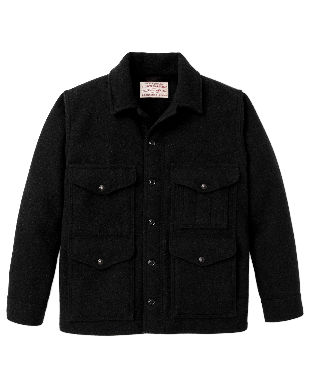 Filson Mackinaw Wool Cruiser Jacket Charcoal button front closure with adjustable cuffs that seal out the cold cowboy outerwear