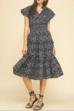 Womens navy short sleeve summer dress midi floral dress elastic waist free shipping at Boltranchstore.com