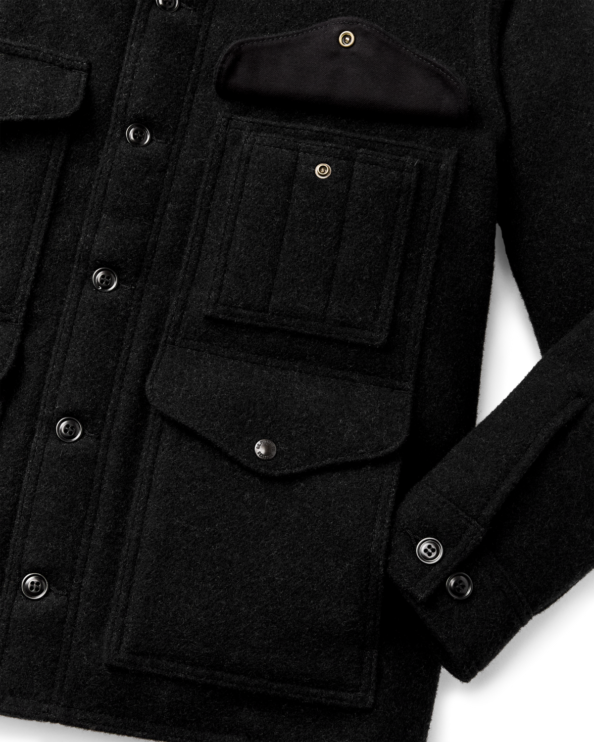 Filson Mackinaw Wool Cruiser Jacket Charcoal extra layer of wool across the back for added warmth Kamas