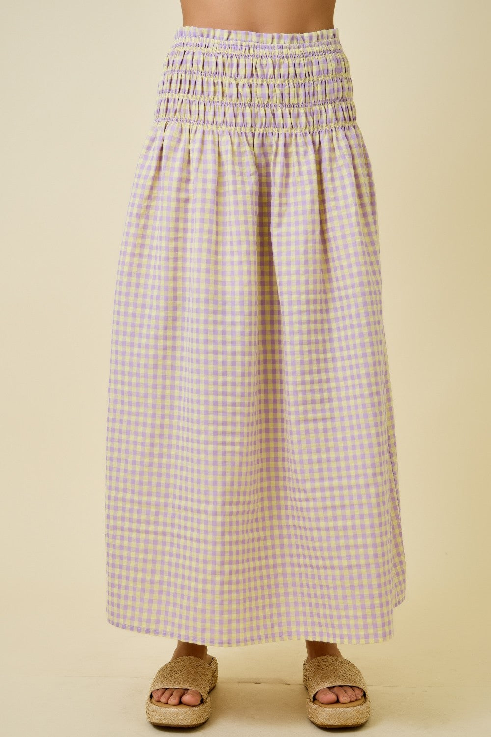 Gingham Smocked Waist Midi Skirt free shipping at boltranchstore.com purple and yellow check 