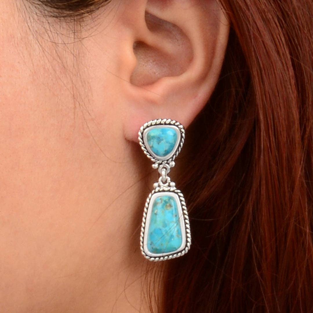 Double Blue Turquoise Silver Drop Earrings