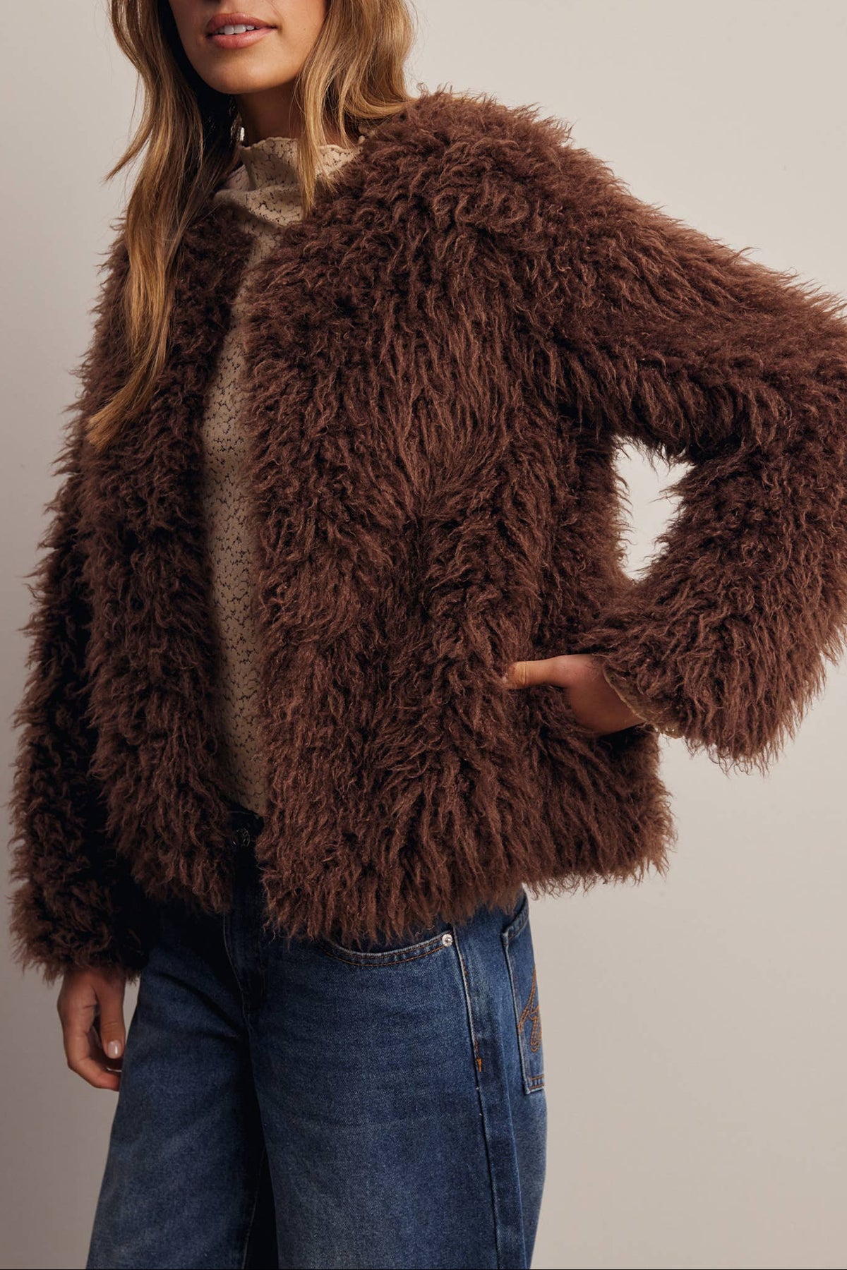 Listicle Shaggy Faux Fur Jacket espresso brown high pile shaggy faux fur womens western boutique Utah FJ0024ESP