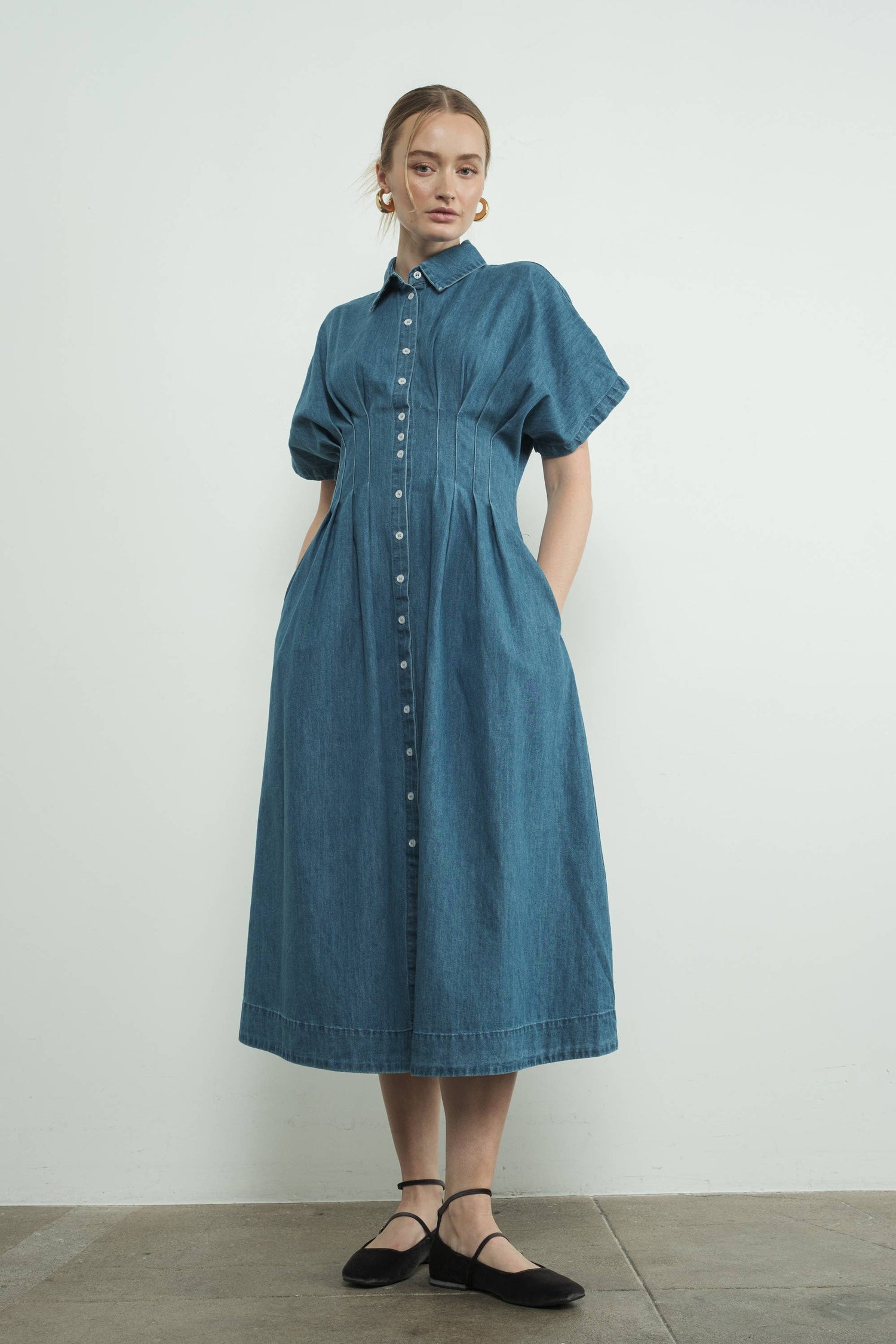 Denim Button Front Pleated Midi Dress