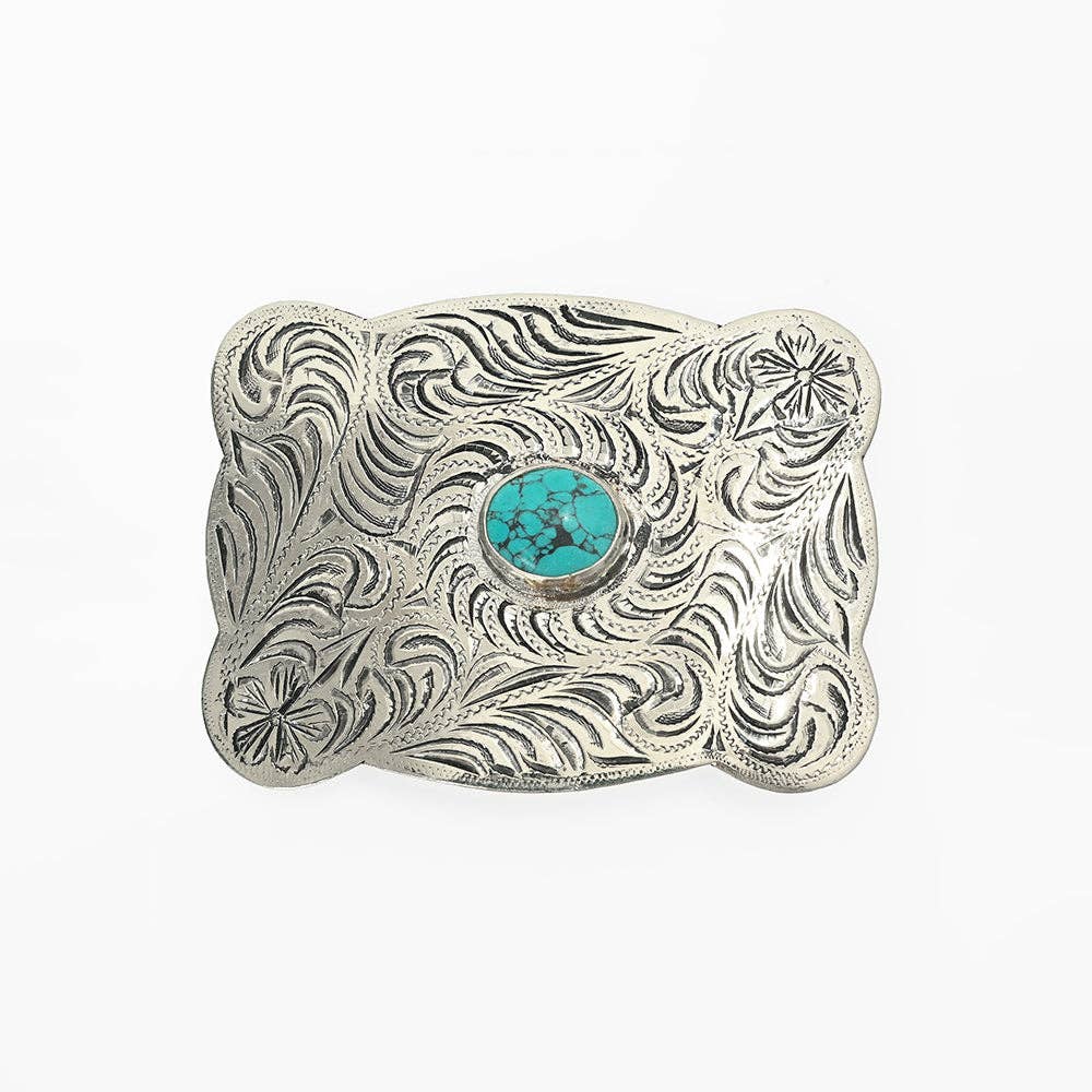 American Darling Hand Engraved German Silver Western Belt Buckle with Turquoise Stones ADBKV119 floral scrollwork engraved German silver buckle with a round turquoise stone western clothing Utah SKU ADBKV119