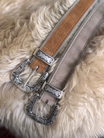 Gemma Belt by Streets Ahead bone leather belt trimmed with silver mesh Brunello Cucinelli dupe womens western style fashion belts. silver mesh