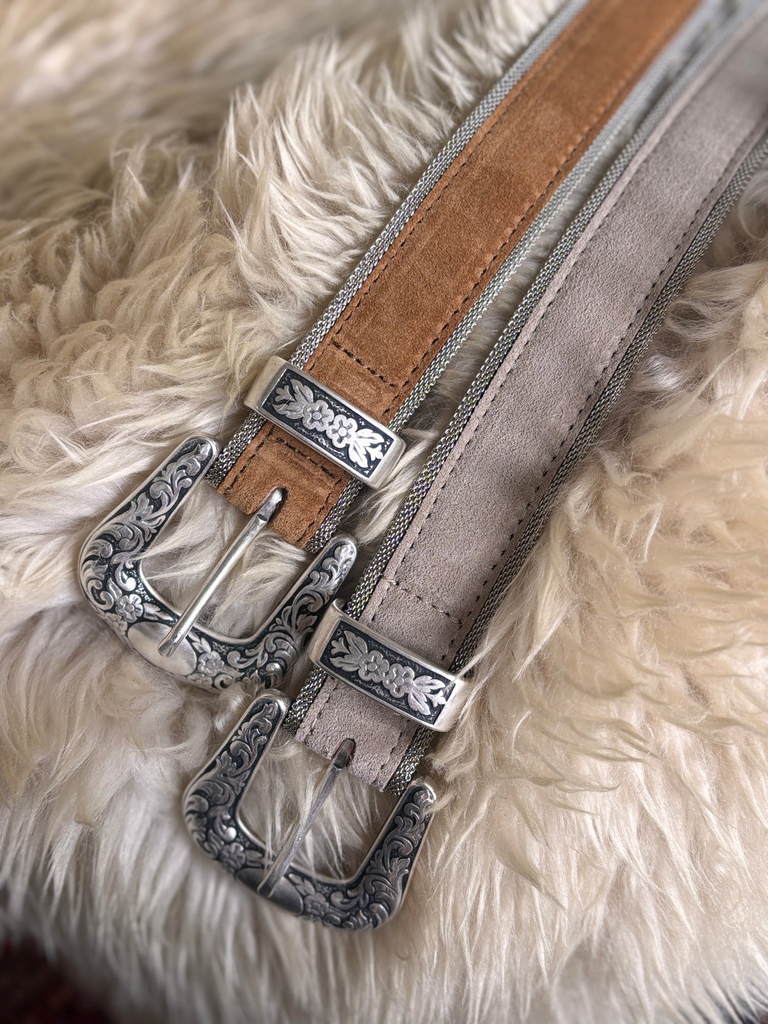 Gemma Belt by Streets Ahead bone leather belt trimmed with silver mesh Brunello Cucinelli dupe womens western style fashion belts. silver mesh