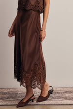 Listicle Stretch Satin Lace Trim Maxi Skirt Mocha romantic vintage inspired boho skirt for holiday parties