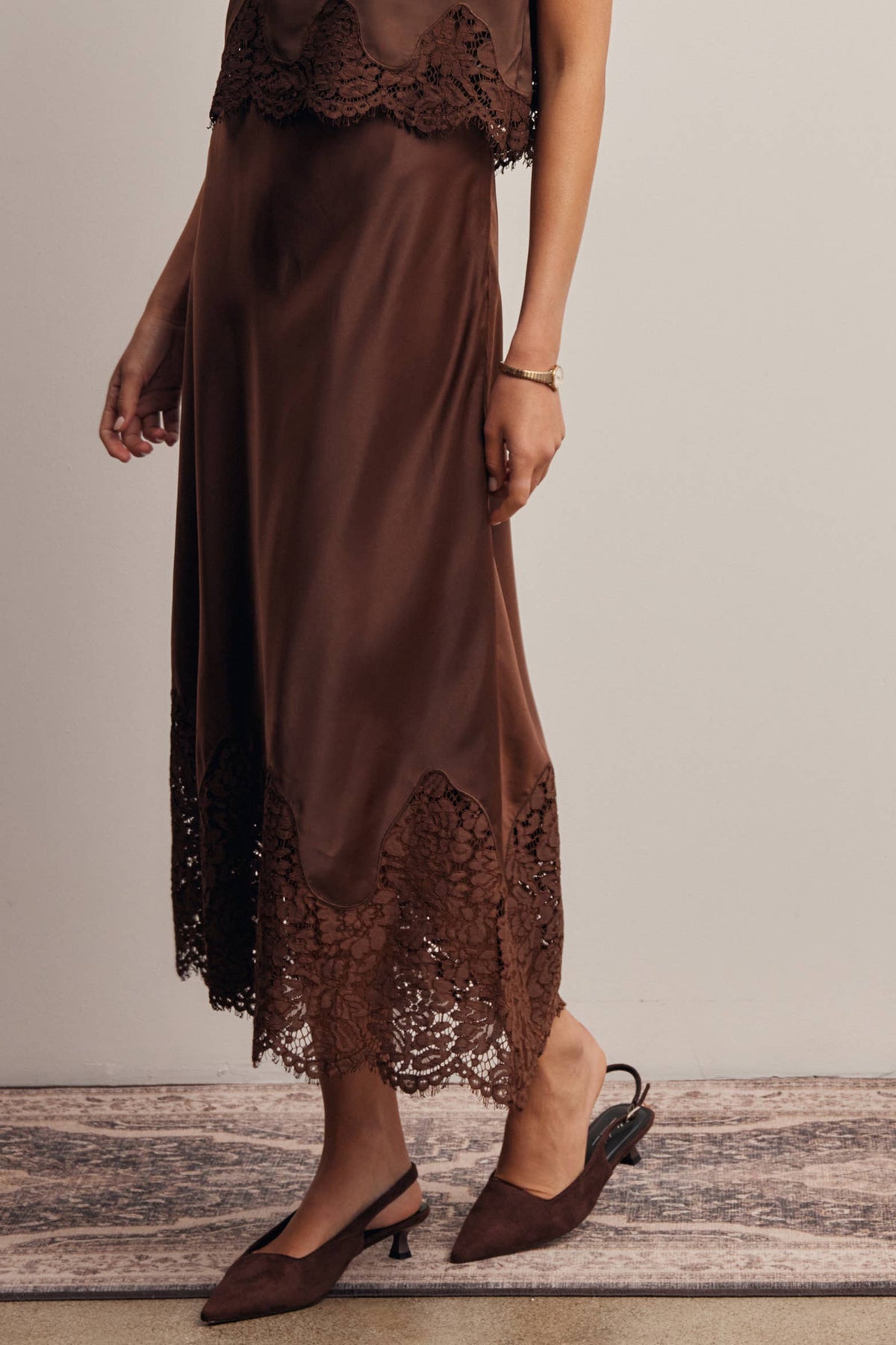 Listicle Stretch Satin Lace Trim Maxi Skirt Mocha romantic vintage inspired boho skirt for holiday parties