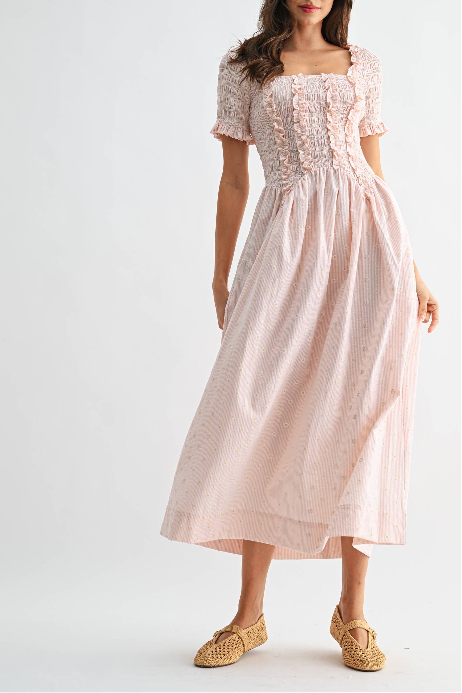 Pink Daisy Smocked Midi Dress