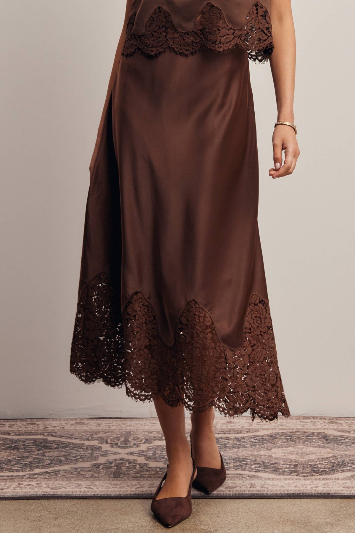 Listicle Stretch Satin Lace Trim Maxi Skirt Mocha mocha brown stretch satin skirt with floral lace hem womens western boutique Utah SKU FSK0035MCH