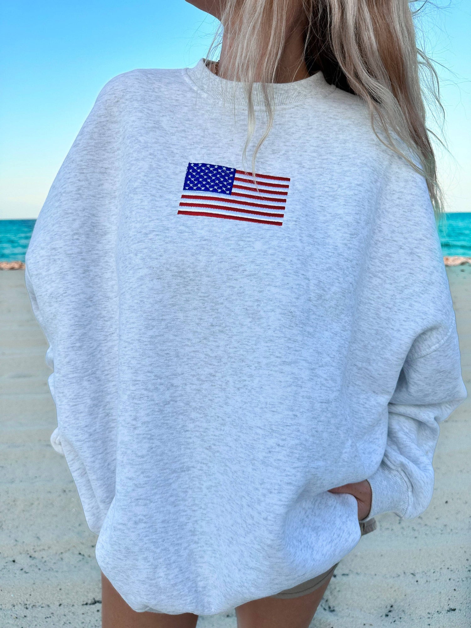 Pearl Grey Vintage American Flag Sweatshirt
