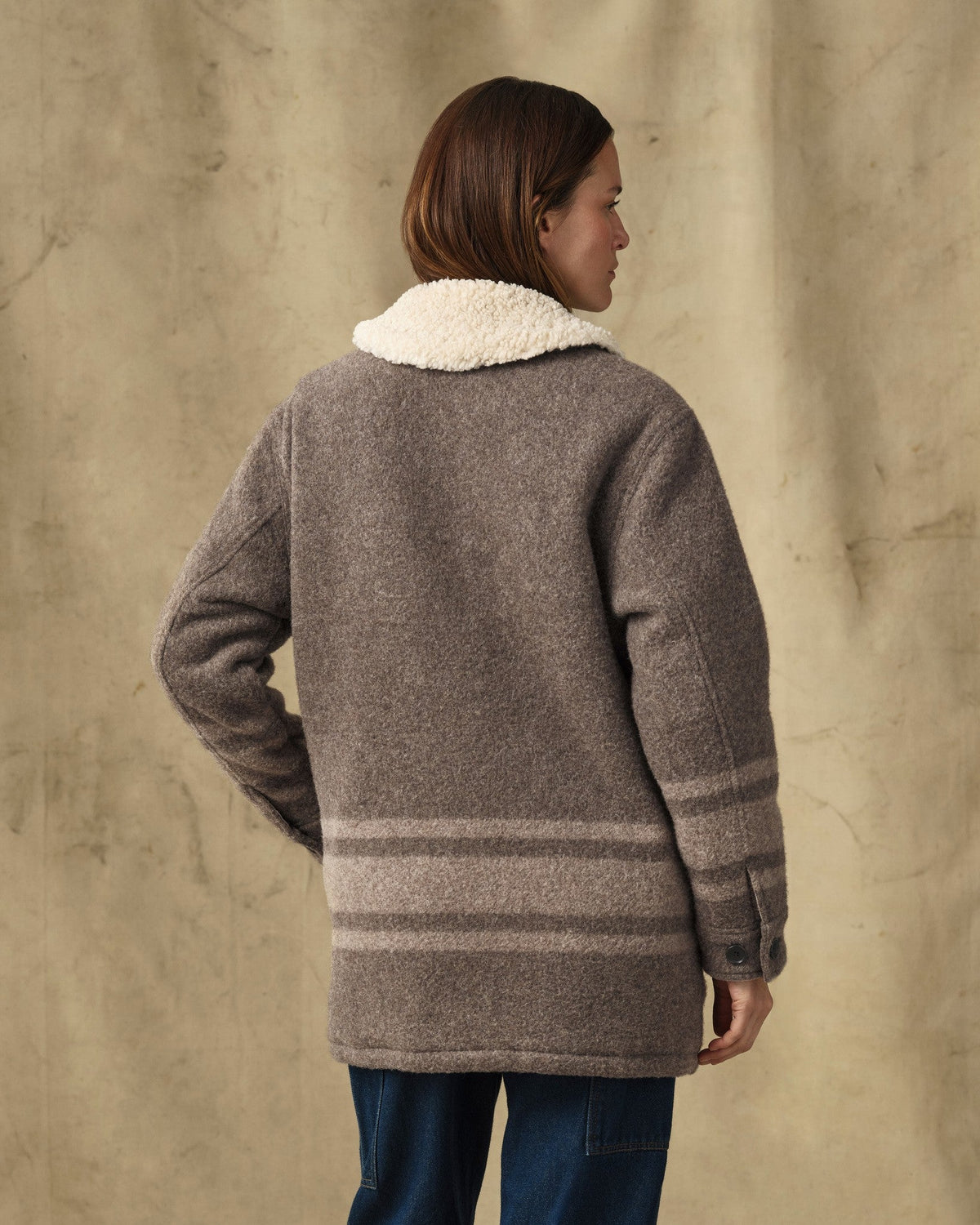 Filson Womens Kodiak Shawl Collar Coat Khaki Heather Stripe longer cut that adds coverage with a relaxed layering fit womens western clothing