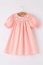 coral pink dress with puff sleeve smocked collar with white horse embroidery boltranchstore.com 