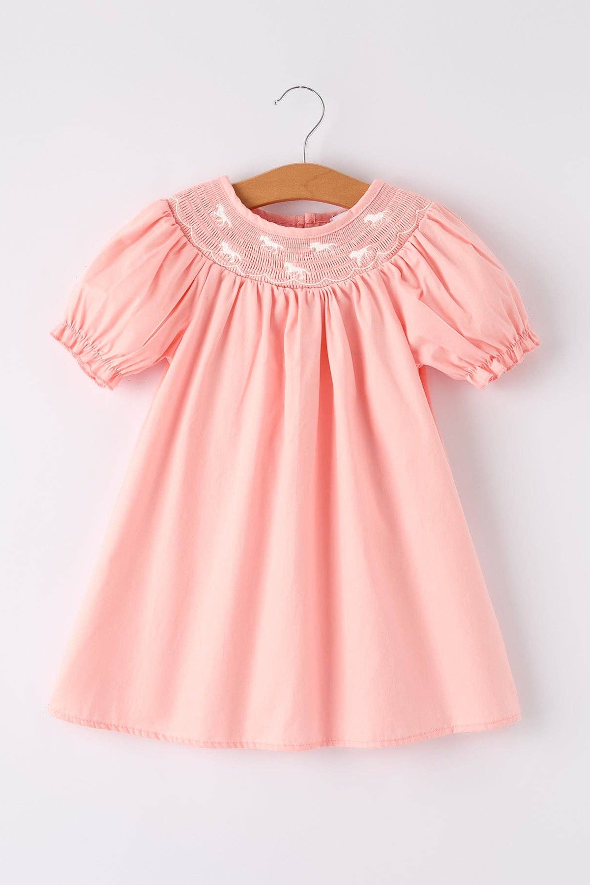 coral pink dress with puff sleeve smocked collar with white horse embroidery boltranchstore.com 