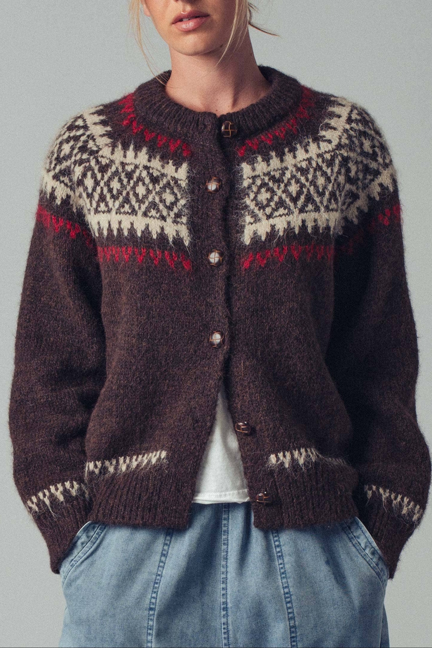 Fair Isle Nordic Knit Cardigan womens brown button down doen dupe ballerina farms Boltranchstore.com free shipping