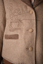 Blue B Western Two Tone Embroidered Jacket Mocha tonal horse and lasso embroidery beside a contrast welt pocket and covered buttons